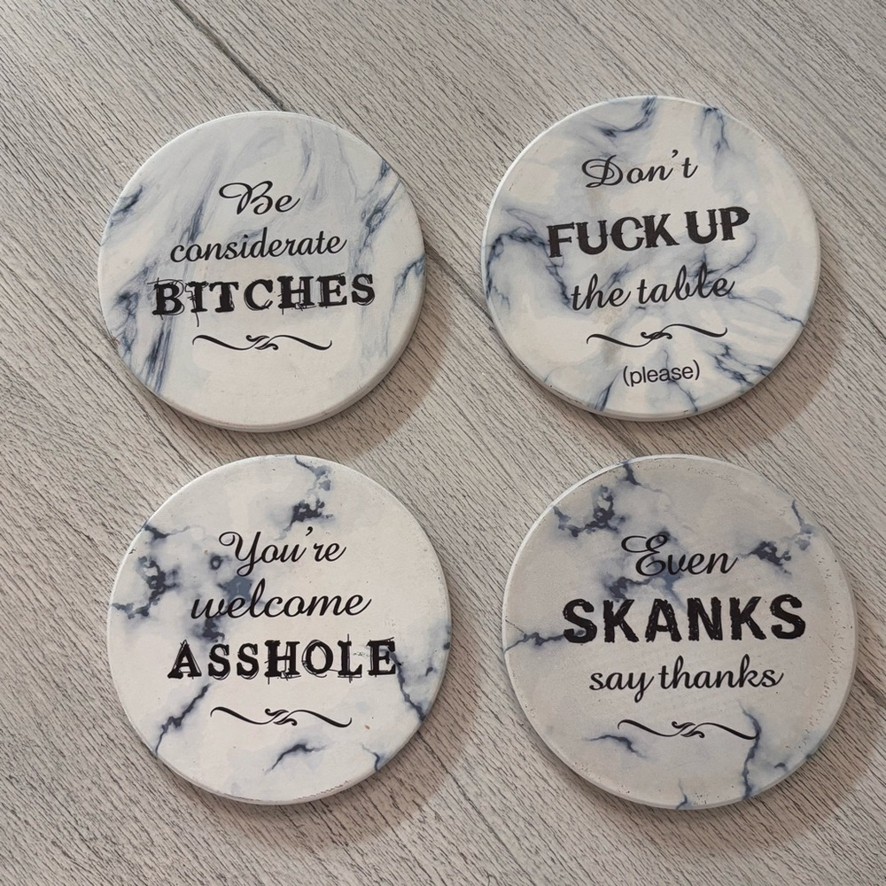 Set Of 4 Naughty Coasters White Marble Print 4” Graphic Moisture Absorbing - Picture 1 of 6